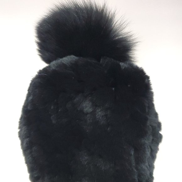 SALE Rex Rabbit Fur Beanie with Fox Pom - Picture 2 of 2